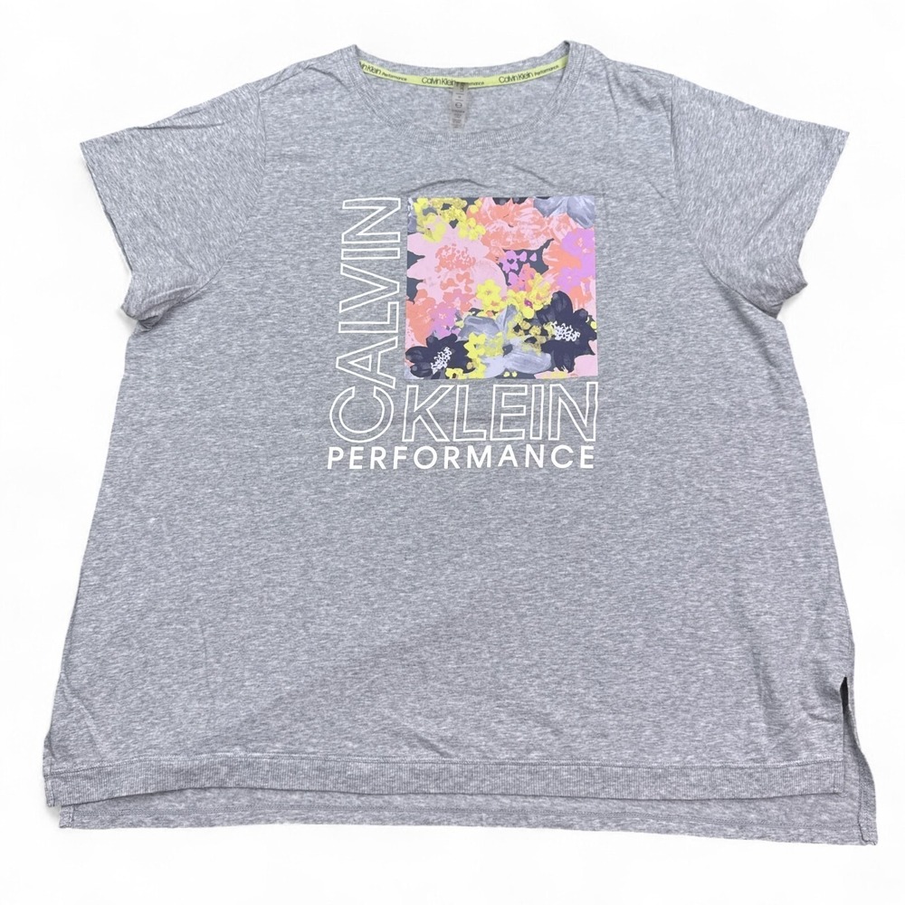 Calvin Klein Performance Tee Shirt Top Womens Size 1X Gray Floral Logo Active